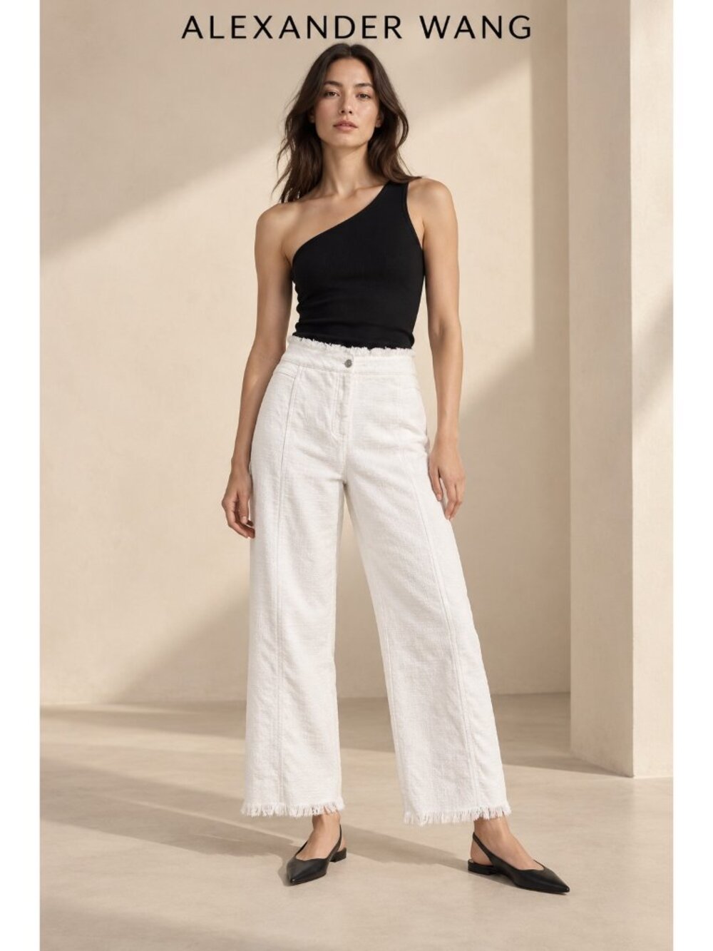Alexander Wang White Cotton Wide Leg Raw Fringe Hem Pants Size 25